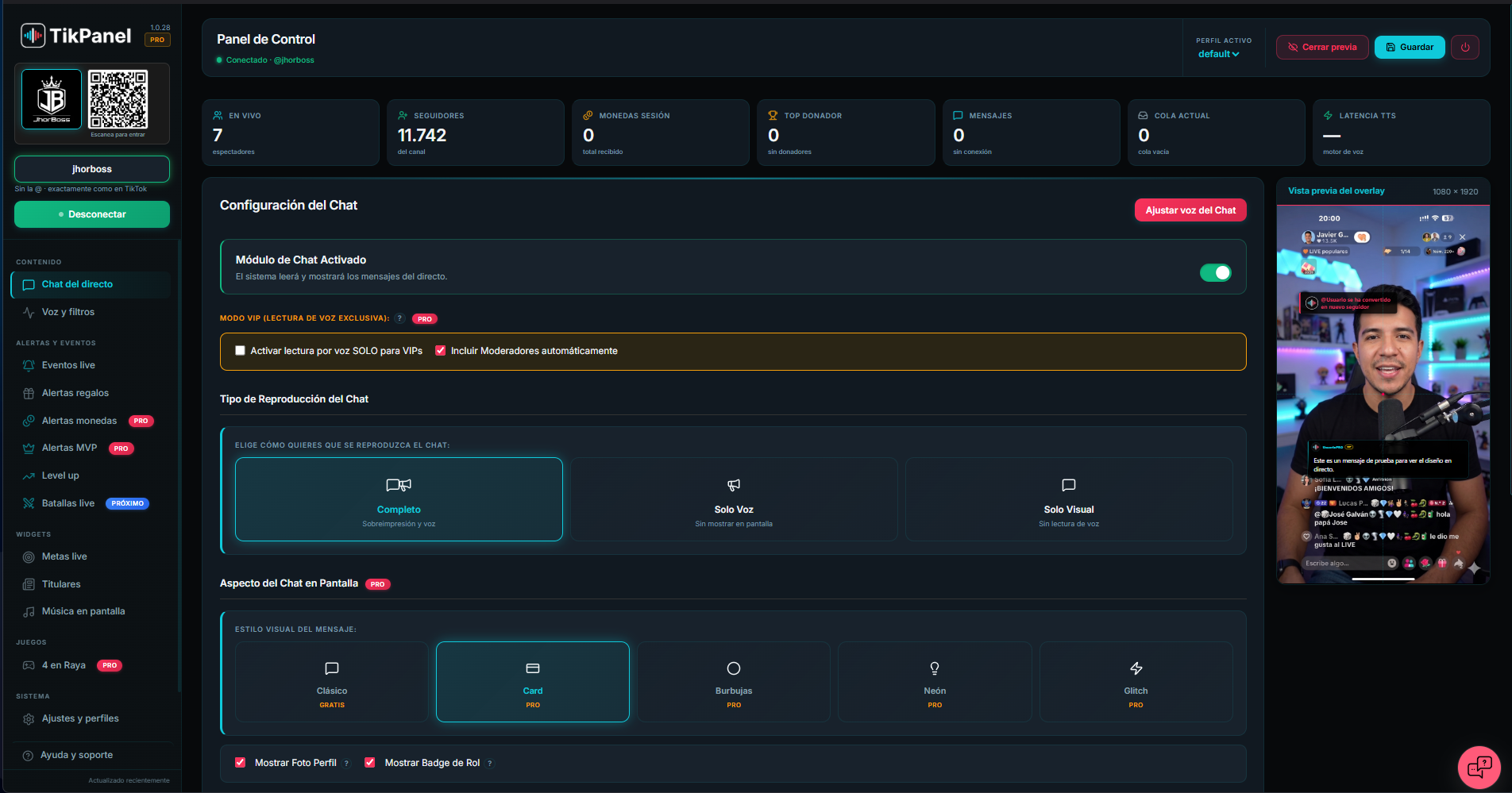 Panel de control de TikPanel mostrando la configuración del chat, alertas y estadísticas del directo de TikTok Live